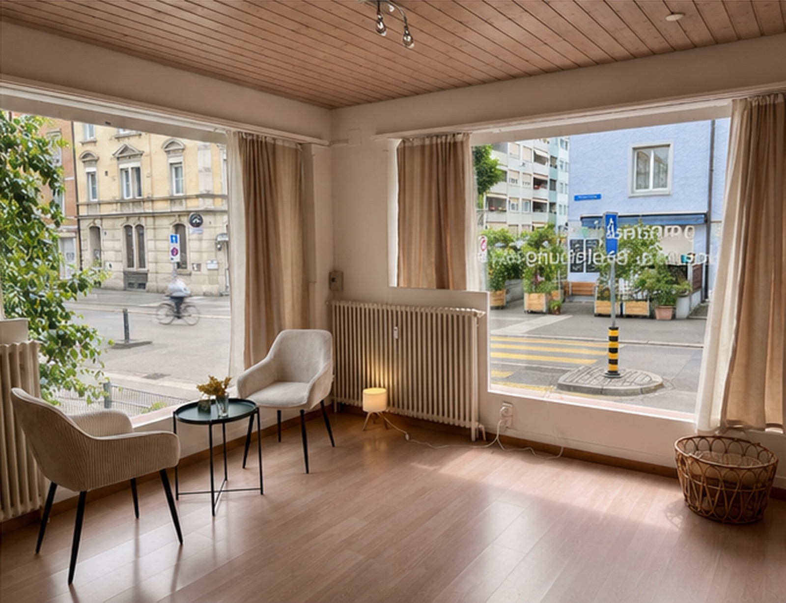 Der Praxisraum mit zwei Cordsesseln an den Eckfenstern zur Strasse